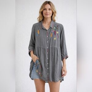 Johnny Was Embroidered Feather Button Down Shirt